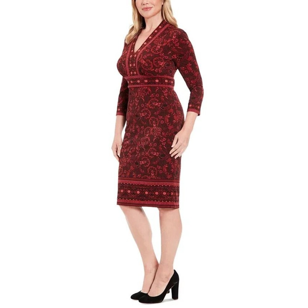 London Times Women's Placed Print 3/4-Sleeve Jersey Sheath Dress Wine Red 12